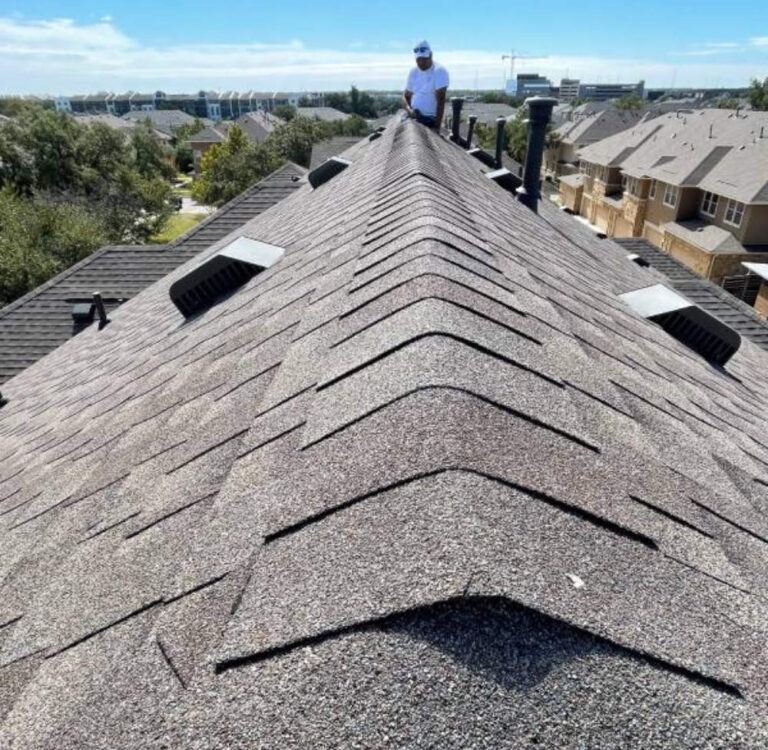 A Frame roofer on a finished ridge, wide-angle