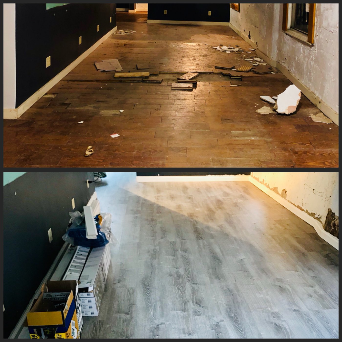 Water-damaged floor restored to new plank flooring by A Frame