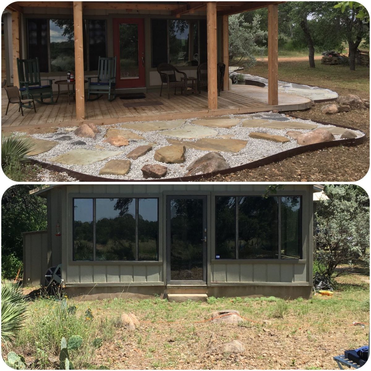 Flagstone and gravel landscaping around a cabin deck, before and after