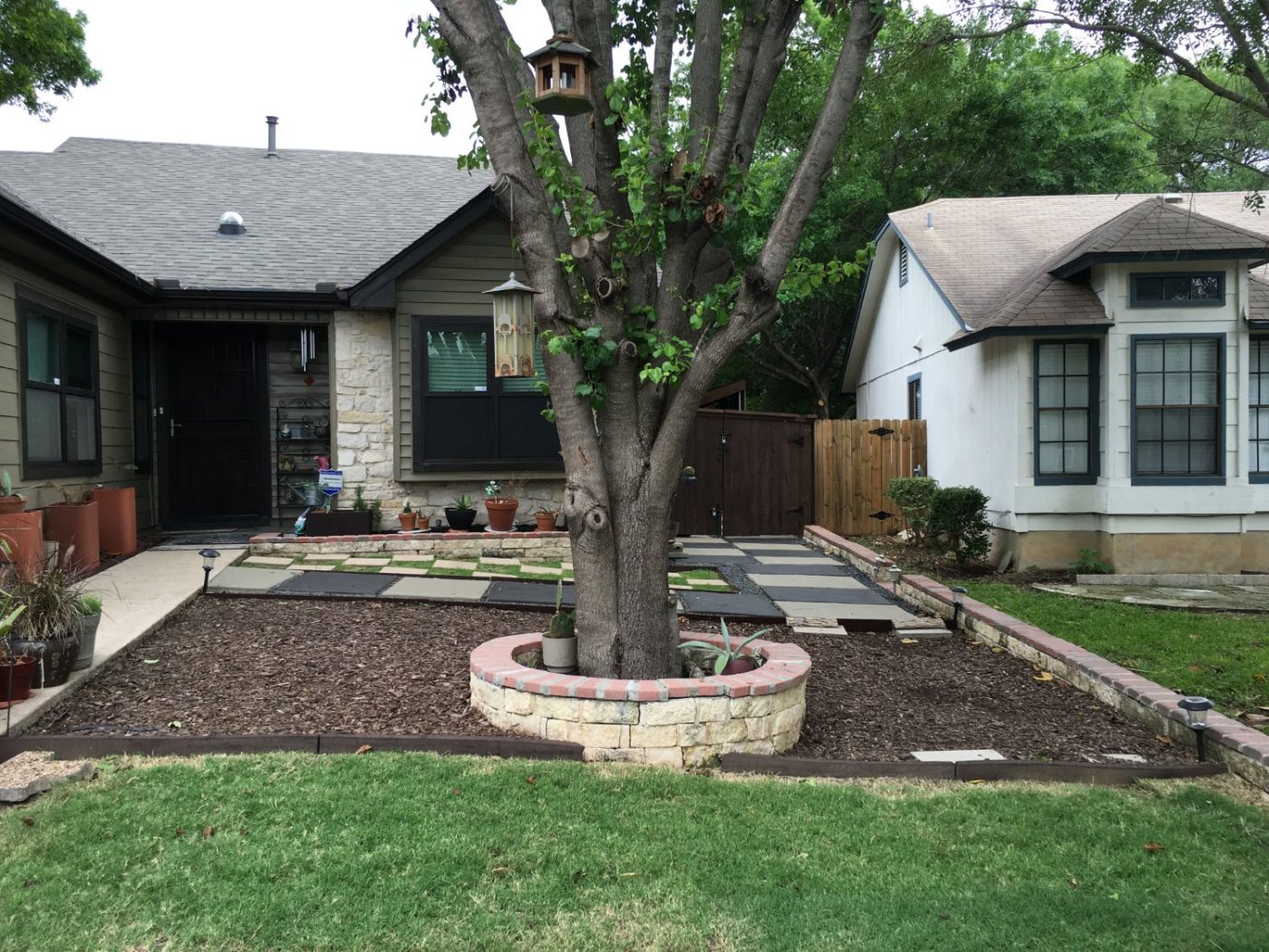 Finished front-yard landscaping with tree ring and paver path